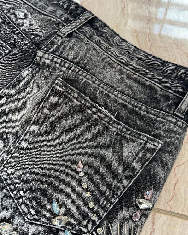 Men's Shorts Jeans Mens Womens Hip Hop Retro Rhinestone Graphic Black Baggy Denim Gym High Waist Basketball Casual