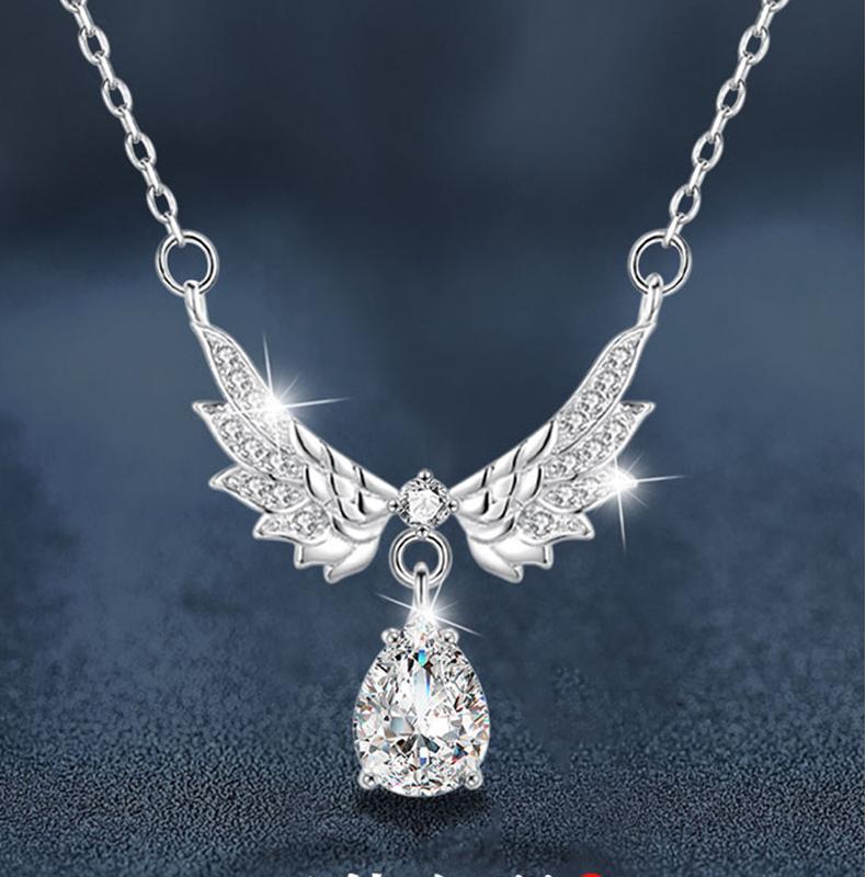 S925 Sterling Silver Angel Wings Moissanite Necklace for Women, Elegant Teardrop Pendant, Dainty Gift Clavicle Chain for Girlfriend