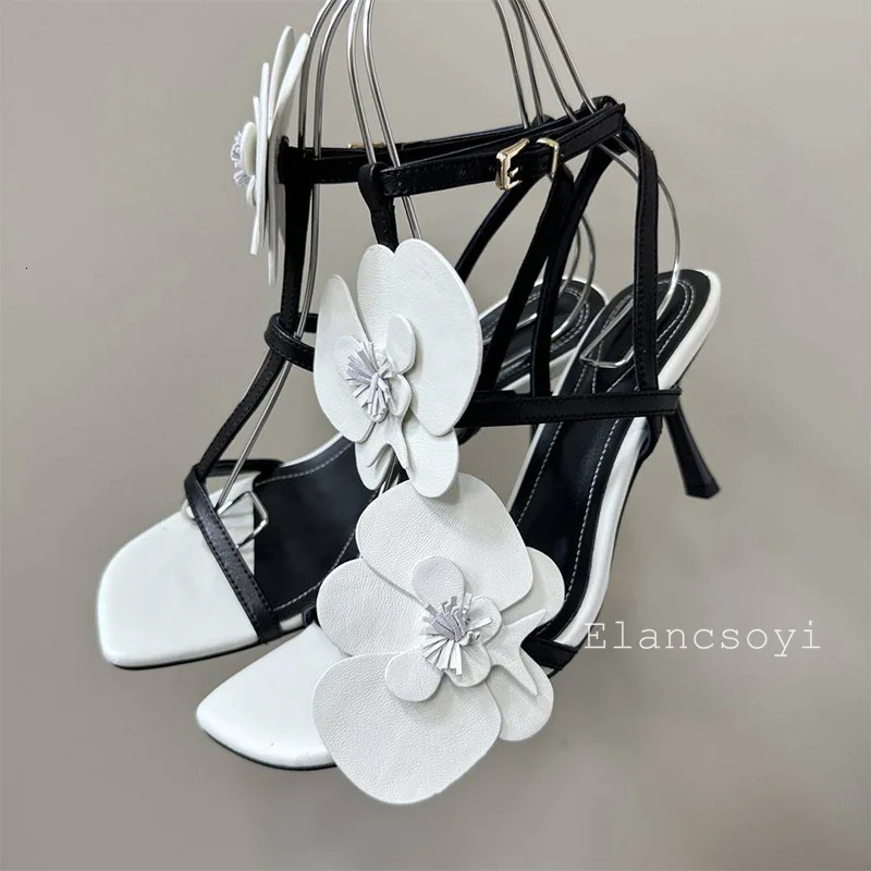 Summer leather flower decorated high heels sandals open thin with fashionable party dresses 250428