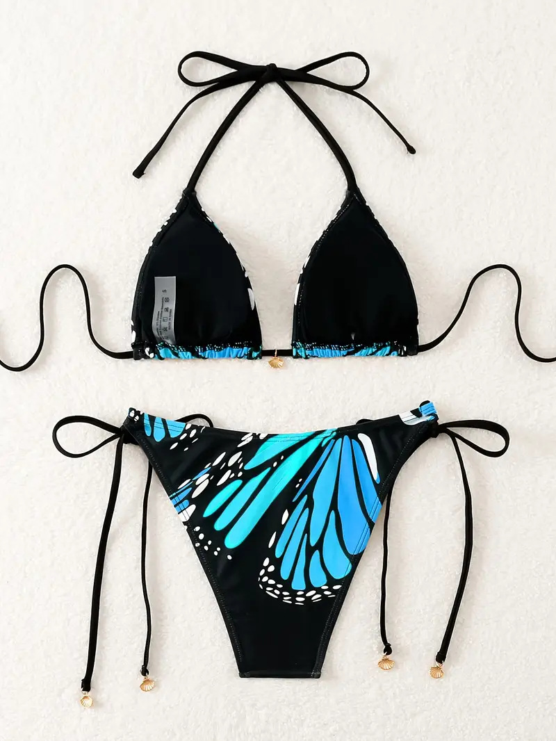 2025 Europe and the United States fashion sexy two-piece vacation butterfly print tie bikini three-point new swimsuit female