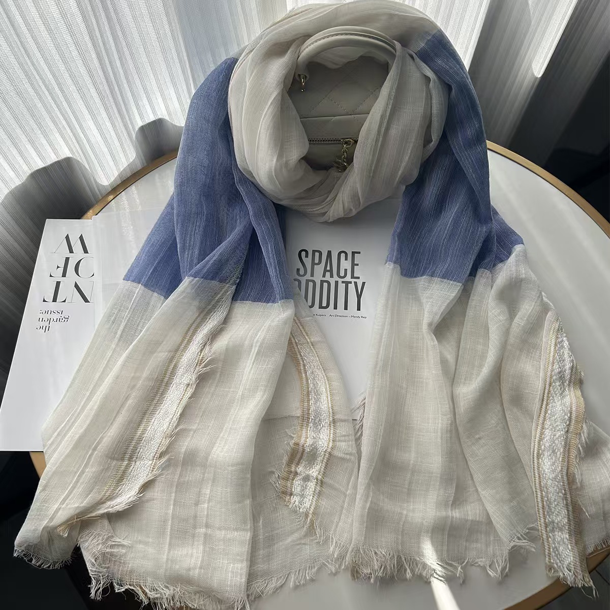 T650 cotton and linen scarf women's spring and autumn thin literary style retro pleated men's scarf jacquard white edge shawl