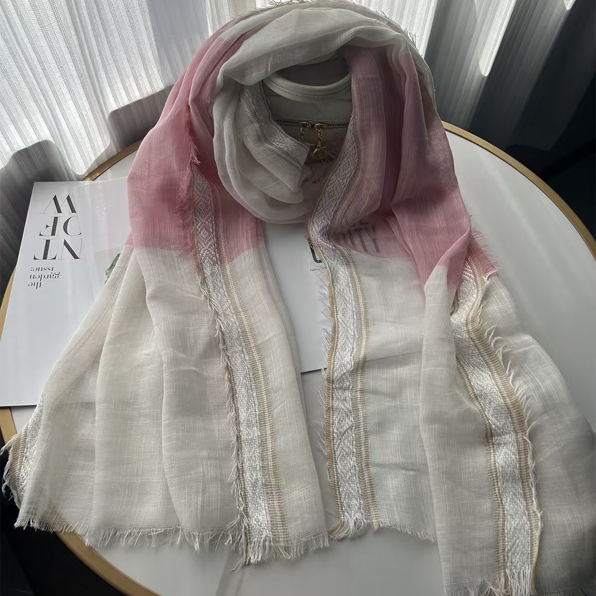 T650 cotton and linen scarf women's spring and autumn thin literary style retro pleated men's scarf jacquard white edge shawl