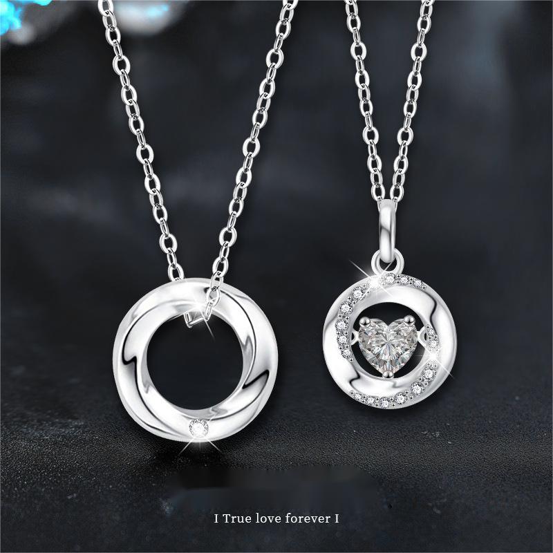 Couple Moissanite Pendant Necklaces in S925 Sterling Silver, Heart and Circle Design, Dainty Love Jewelry for Anniversary or Valentine's Gift