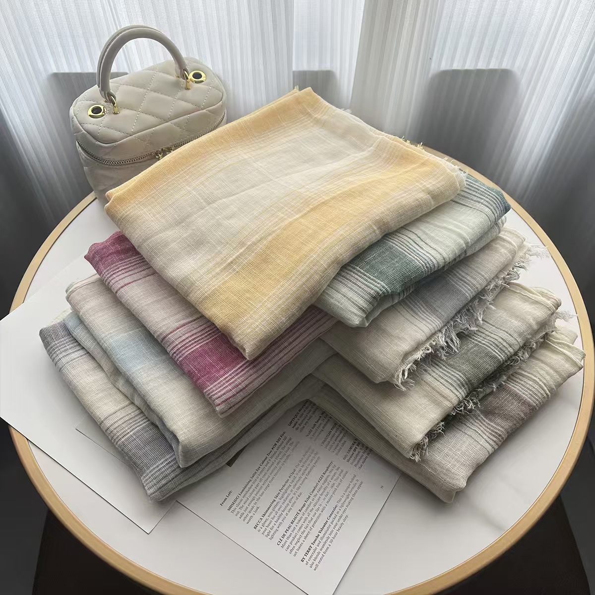 T647 Spring and Autumn Korean Cotton and Linen Scarf Women's Wide Stripes Literary Tassel Shawl Temperament Easy to Wear Scarf