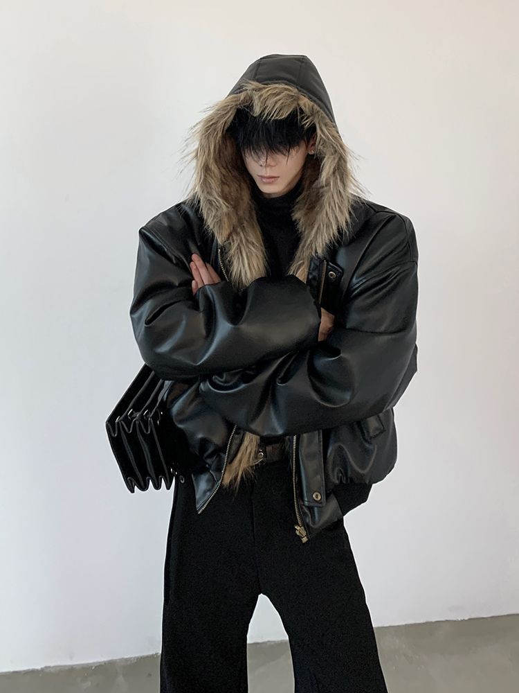 Mens Jackets Hip Hop PU Leather Jacket Handsome Mens Fur One-Piece Imitation Fur Jacket