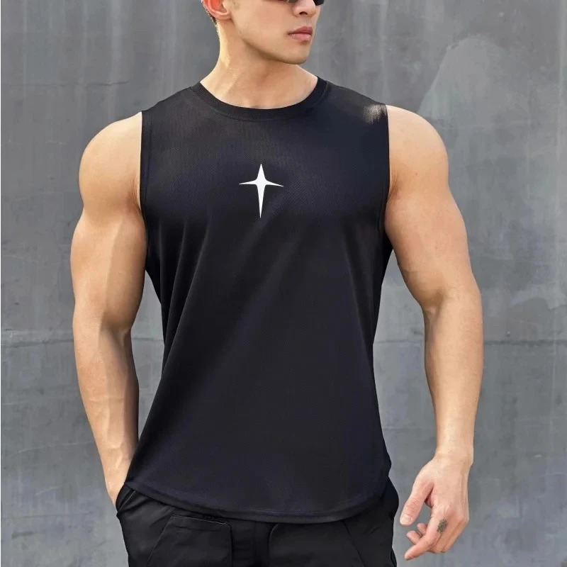Summer sleeveless vest outdoor sports running top quick drying round neck gym Tshirt mens breathable y250430