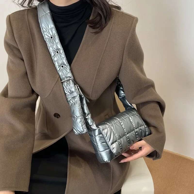 ddmy Quilted Tote Fashion Bag Winter Lightweight Warm Down Cotton Padded Plaid Shoulder Women Underarm Bags Puffy Handbags