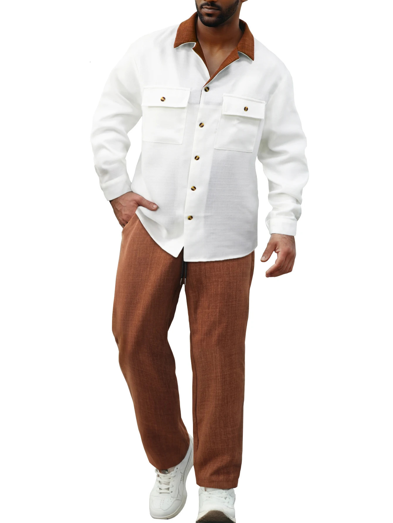 Two piece simulated cotton blocking suit collar long sleeved shirtstraight casual pants set 250430Z