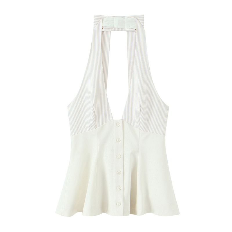 2025 Summer New Product Women's Versatile Simple Stripe Splicing Hanging Neck Collar Top backless Decoration