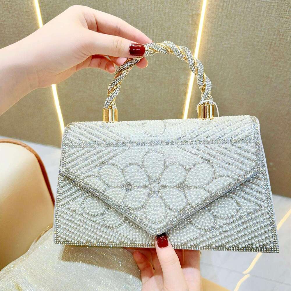 Dinner Bag New Fashion Full Pearl Chain Small Square Dinner Water Diamond Handbag Crossbody Bag KQ