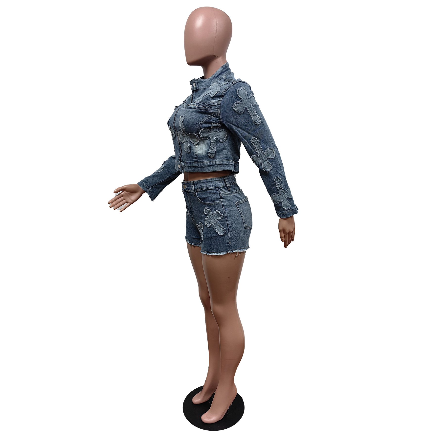 CNLONGBIDA Womens Tracksuits Sexy Denim Jean 2 Piece Matching Pant Set Outfits Summer Women Clothes Y2K Biker Shorts Suits Sets Cropped Tops