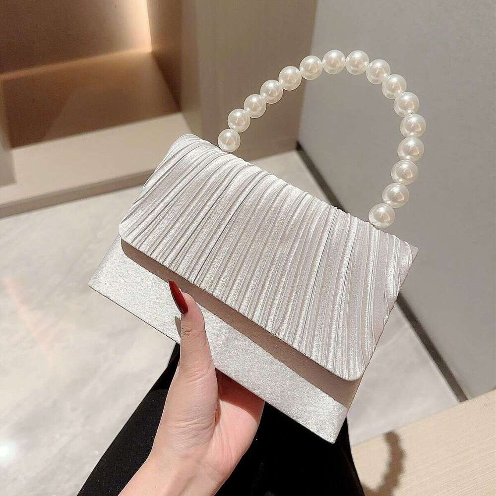 Dinner Bag New Satin Banquet Pearl String Handbag Formal Dress Elegant Pleated Flap Bag Socialite Small Square Bag KQ