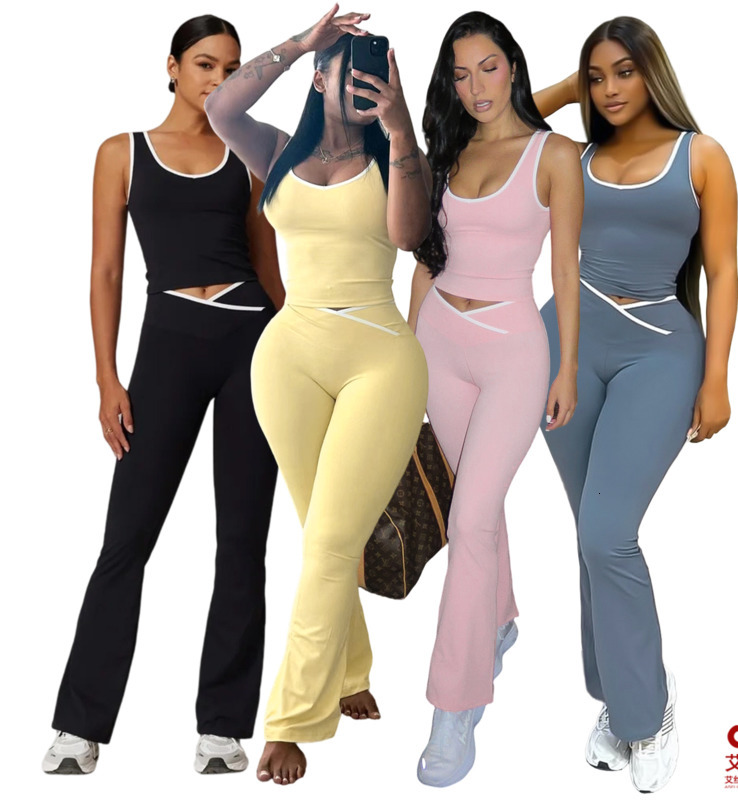 Womens Tracksuits Two Pieces Set 2025 New Contrasting Cross Flared Pants Nude Yoga Running Fitness Yoga Suit 4 Colors