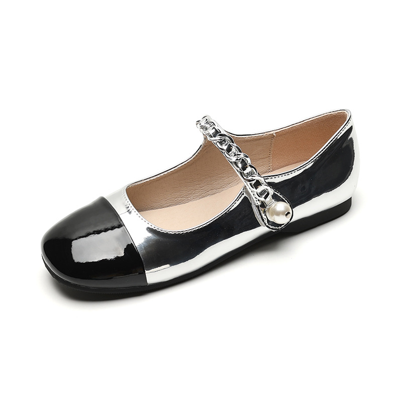 2025 Women's flat Mary Jane single shoes with rhinestone and pearl buckles and straps Sparkling round-toe color-blocked pearl chain new design