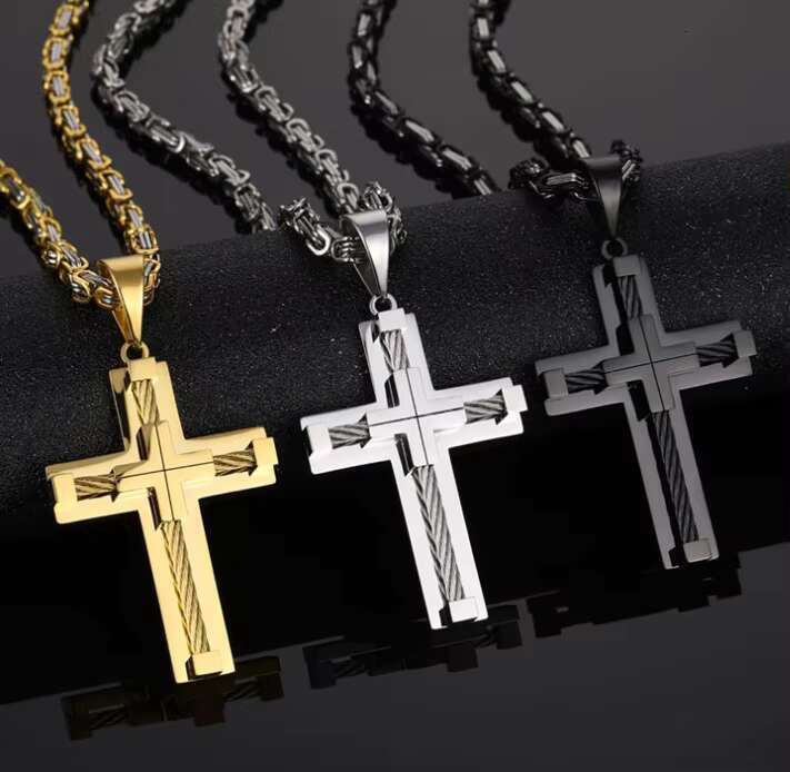 DHcollections High End Double Gold Stainless Steel Necklace, Cross 316 Large