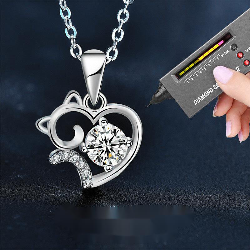 Cute Cat Heart Pendant 925 Silver Moissanite Necklace for Women Romantic Gift Minimalist Jewelry for Girlfriend Birthday Surprise