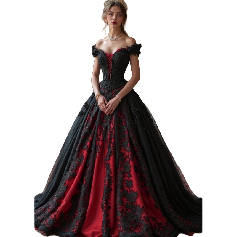 Vintage Black And Red Evening Dresses Lace Appliques Off Shoulder A-Line Renaissance Medieval Prom Gown Corset Princess Special Occasion Dress