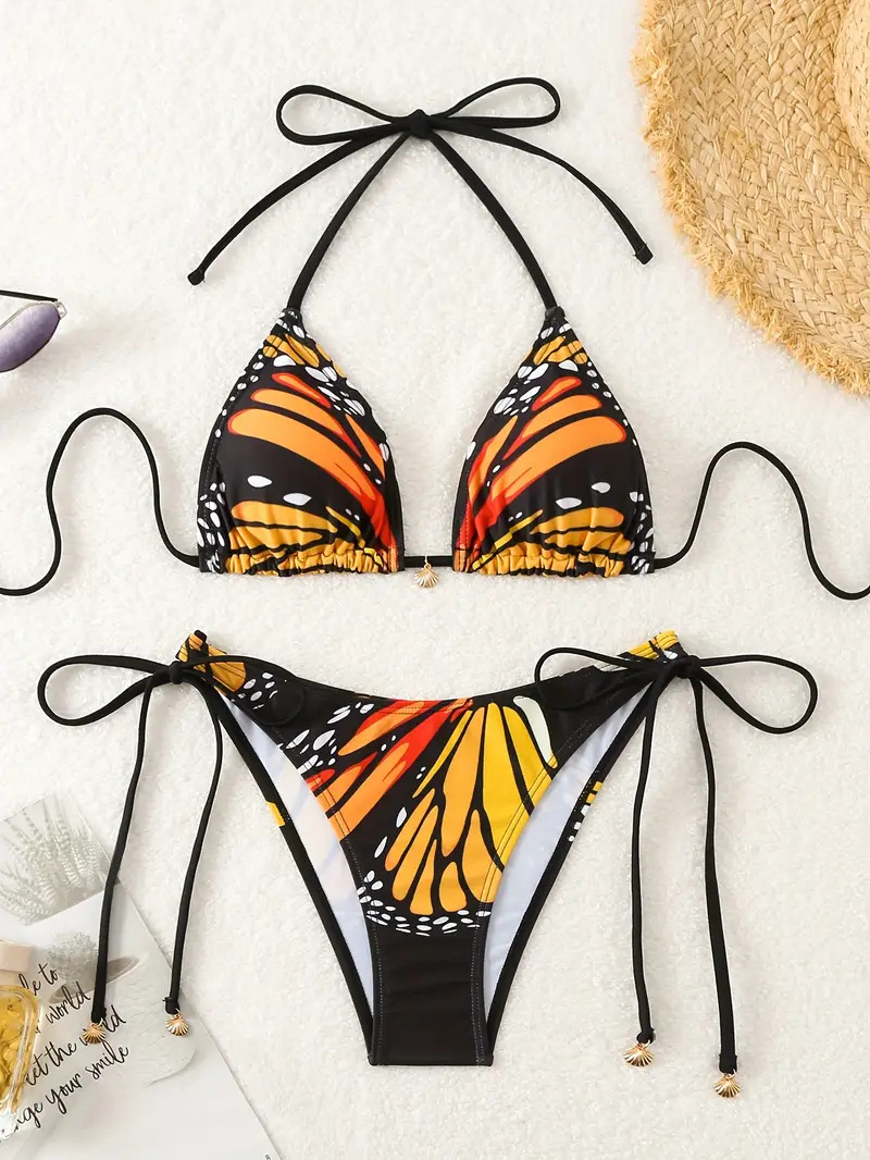 2025 Europe and the United States fashion sexy two-piece vacation butterfly print tie bikini three-point new swimsuit female