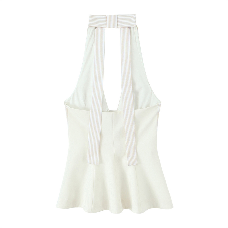 2025 Summer New Product Women's Versatile Simple Stripe Splicing Hanging Neck Collar Top backless Decoration