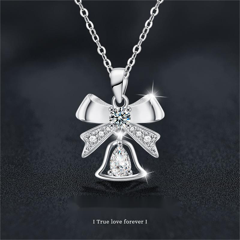 Elegant Bow and Bell Pendant Necklace in S925 Silver with Moissanite - Festive Holiday Charm Jewelry Gift for Women