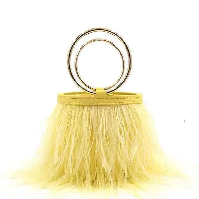 Metal Ring Handle Bucket Women's Handbag Fashion Ostrich Feather Evening Wedding Party Clutch Purse Shoulder Bag