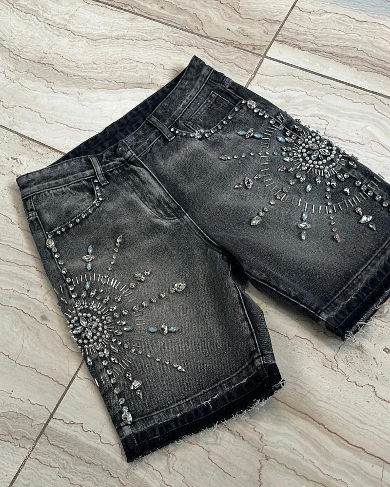 Men's Shorts Jeans Mens Womens Hip Hop Retro Rhinestone Graphic Black Baggy Denim Gym High Waist Basketball Casual