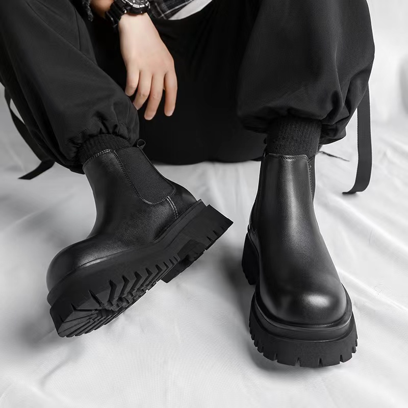 Men's 2025 PU leather ankle boots men's punk thick sole anti slip combat New black retro British style versatile shoes