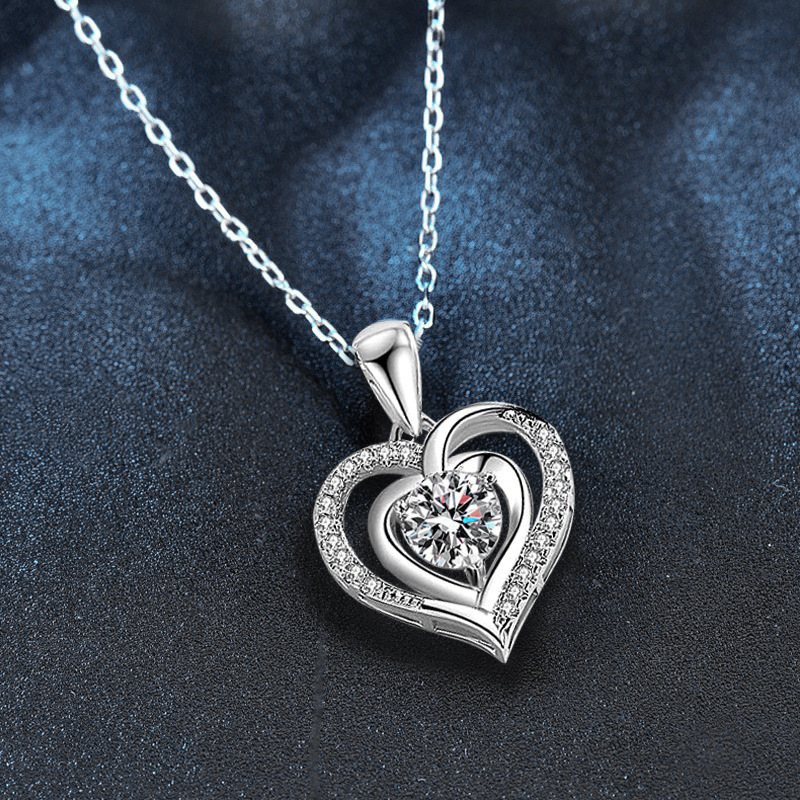 925 Sterling Silver Double Heart Moissanite Pendant Necklace Romantic Lock Collarbone Jewelry Gift for Girlfriend Birthday