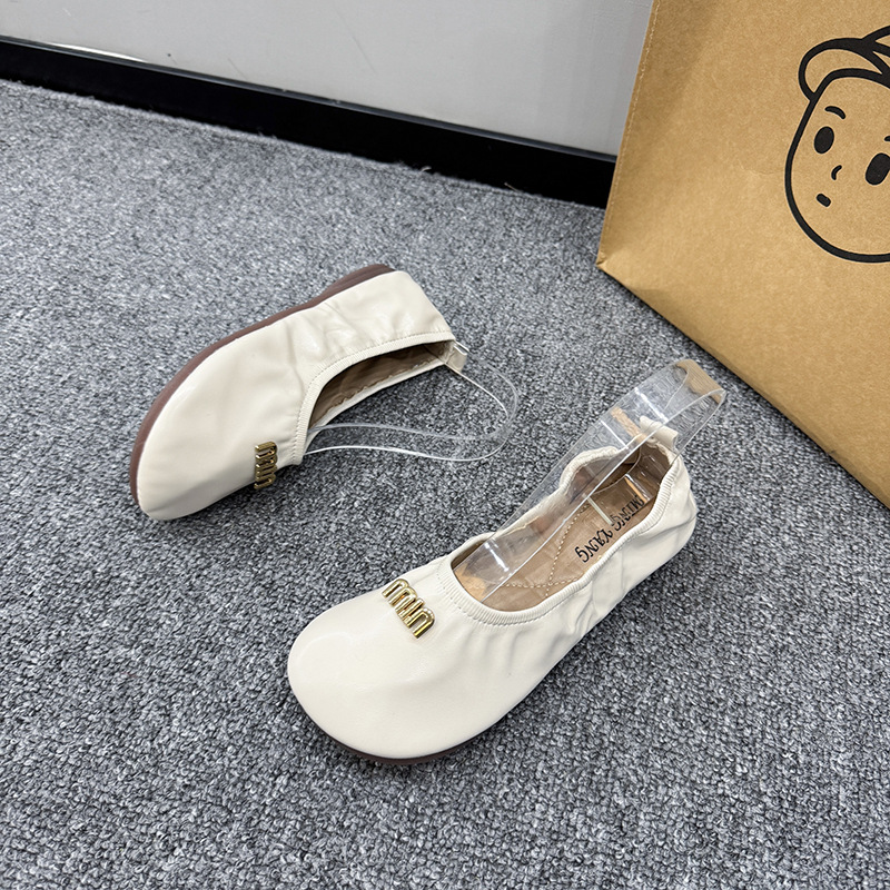 2025 Women's Soft Pleated Ballet Flats Round Toe Mary Jane Low - Heeled Leather Shoes Easy to Match fb