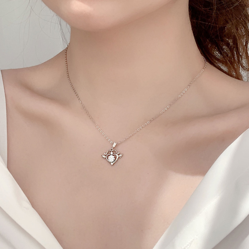 S925 Sterling Silver Cupid Arrow Heart Moissanite Necklace for Women, Dainty Pendant with Wings, Creative Gift for Anniversary or 520