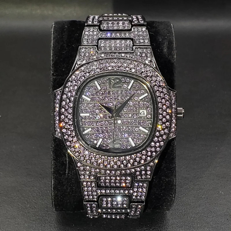 moissanite watch iced out watch mens watch purple blue color full diamond waterproof mens and womens watch rap hip-hop watch