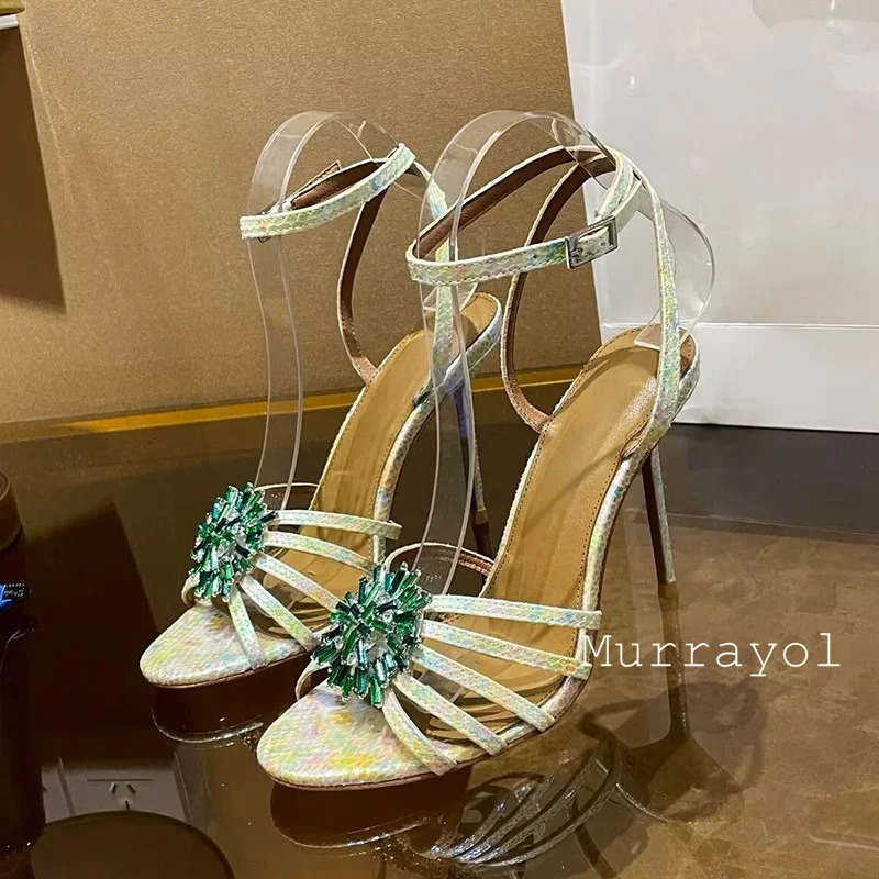 Water Diamond Flower Decorative Thin High Heels Sandals Genuine Leather Strip n Summer Party Dress Shoes 250428