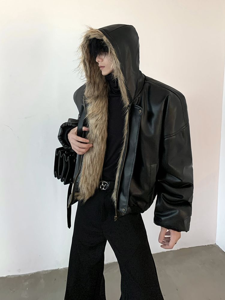 Mens Jackets Hip Hop PU Leather Jacket Handsome Mens Fur One-Piece Imitation Fur Jacket