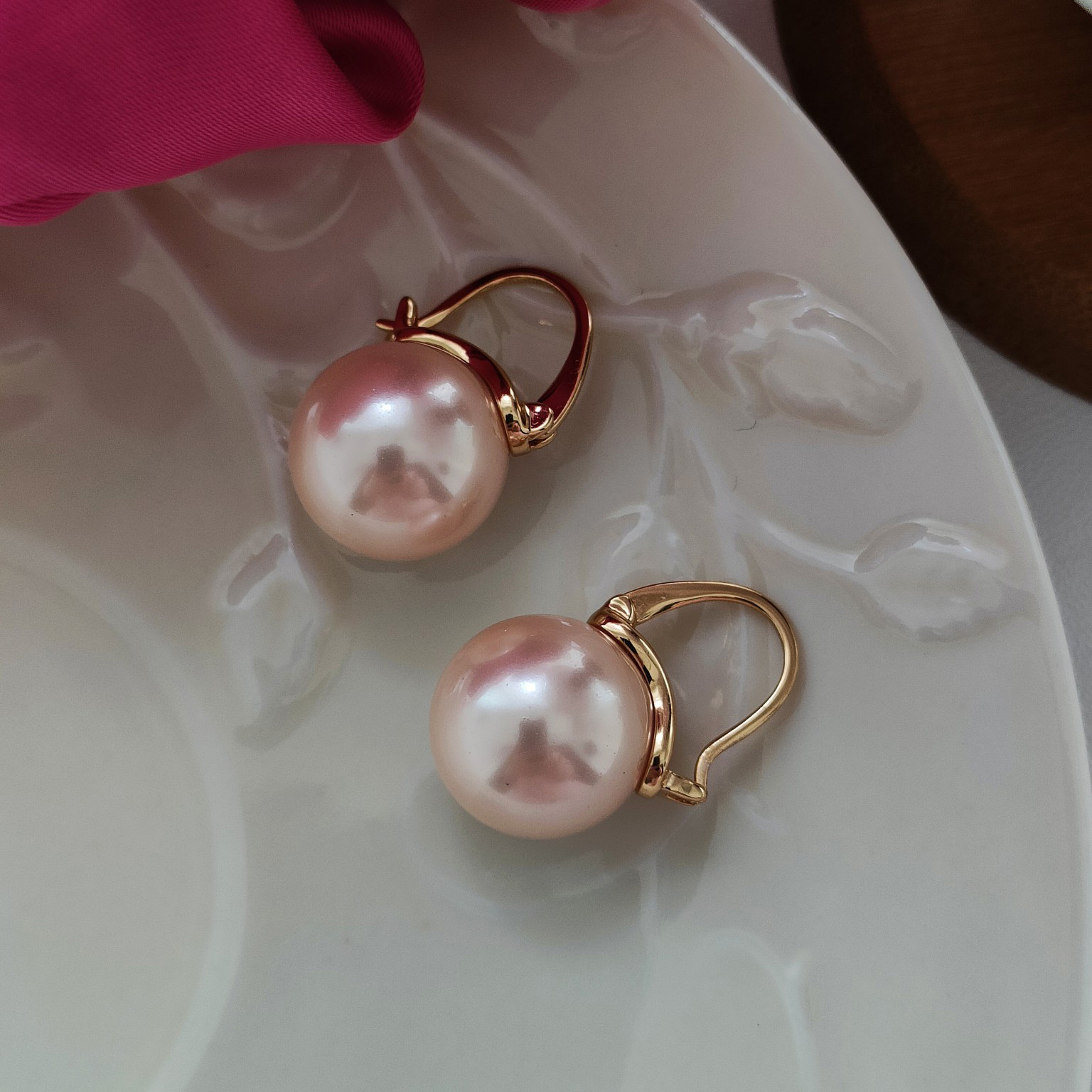 VOBIPY 925 Sterling Silver Earring Pink Color Pearl Earring For Women Wedding Party Gift Fashion Jewelry Earrings 12-14mm Shell Pearl