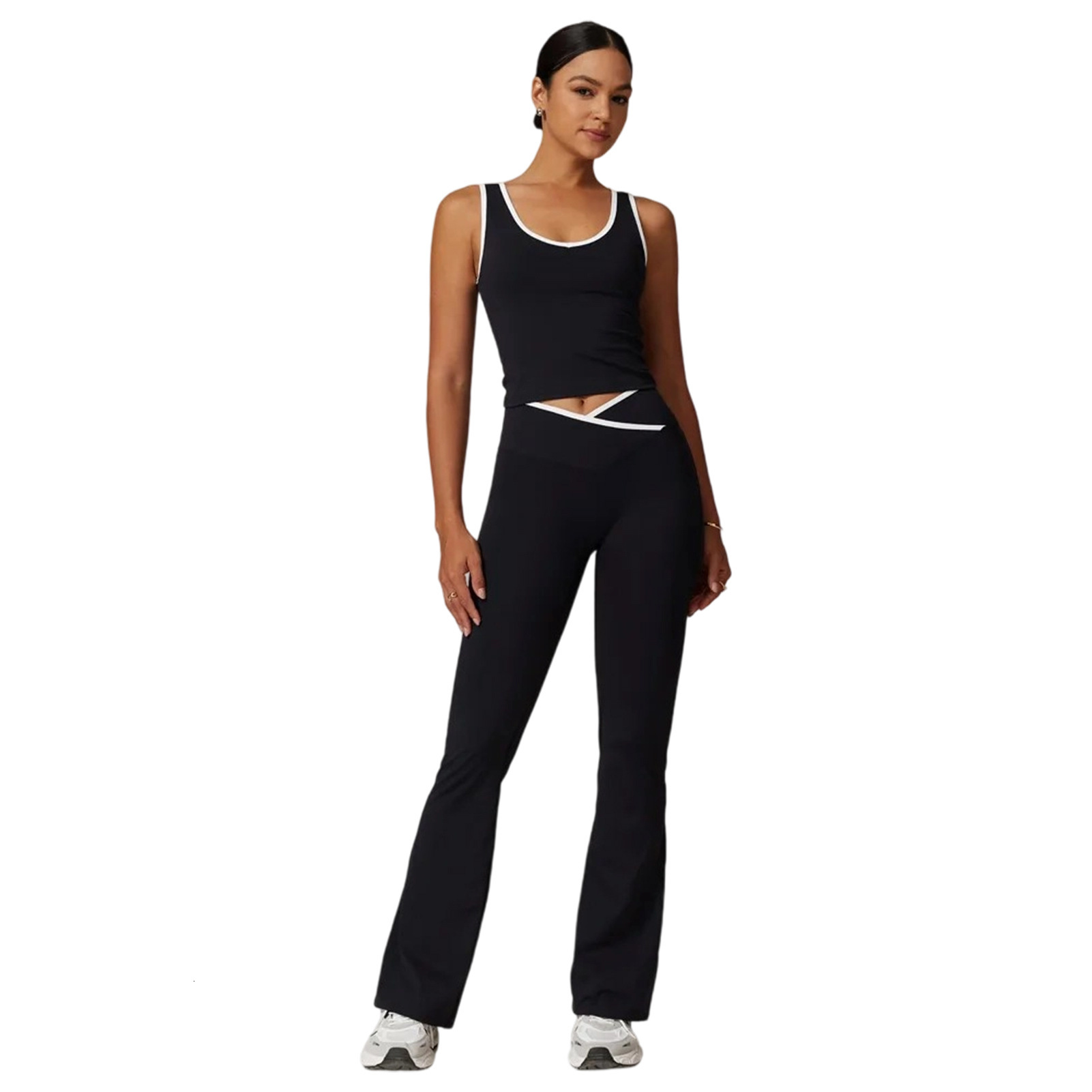 Womens Tracksuits Two Pieces Set 2025 New Contrasting Cross Flared Pants Nude Yoga Running Fitness Yoga Suit 4 Colors