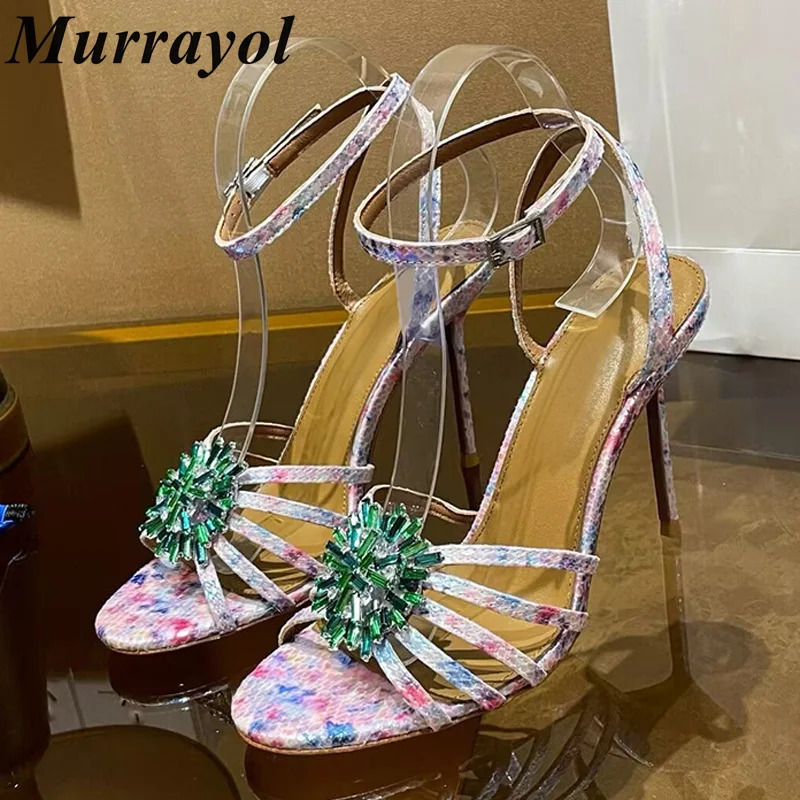 Water Diamond Flower Decorative Thin High Heels Sandals Genuine Leather Strip n Summer Party Dress Shoes 250428