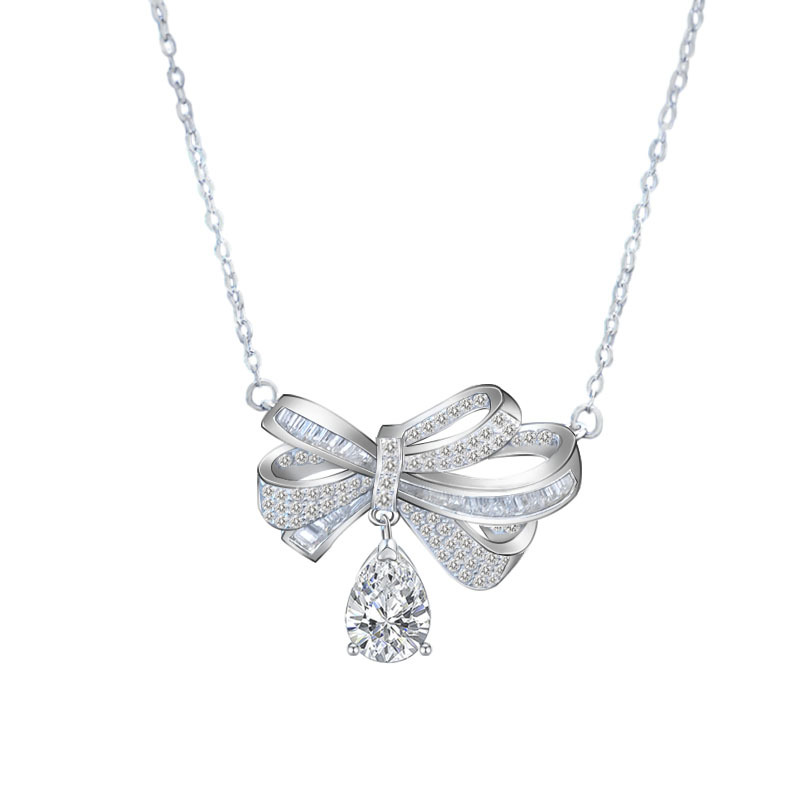 Elegant Bowknot Moissanite Necklace with Teardrop Pendant, S925 Sterling Silver Chain for Women, Romantic Gift for Qixi or Anniversary
