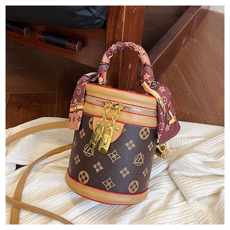 High end women's fashionable printed small with silk scarf, cylindrical bag, versatile handbag, simple single shoulder crossbody bag