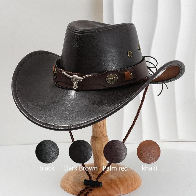 Berets 1 Pc Unisex Vintage Faux Leather Western Cowboy Hat Outdoor Gentleman Cowgirl Jazz Cap Sombrero Hombre