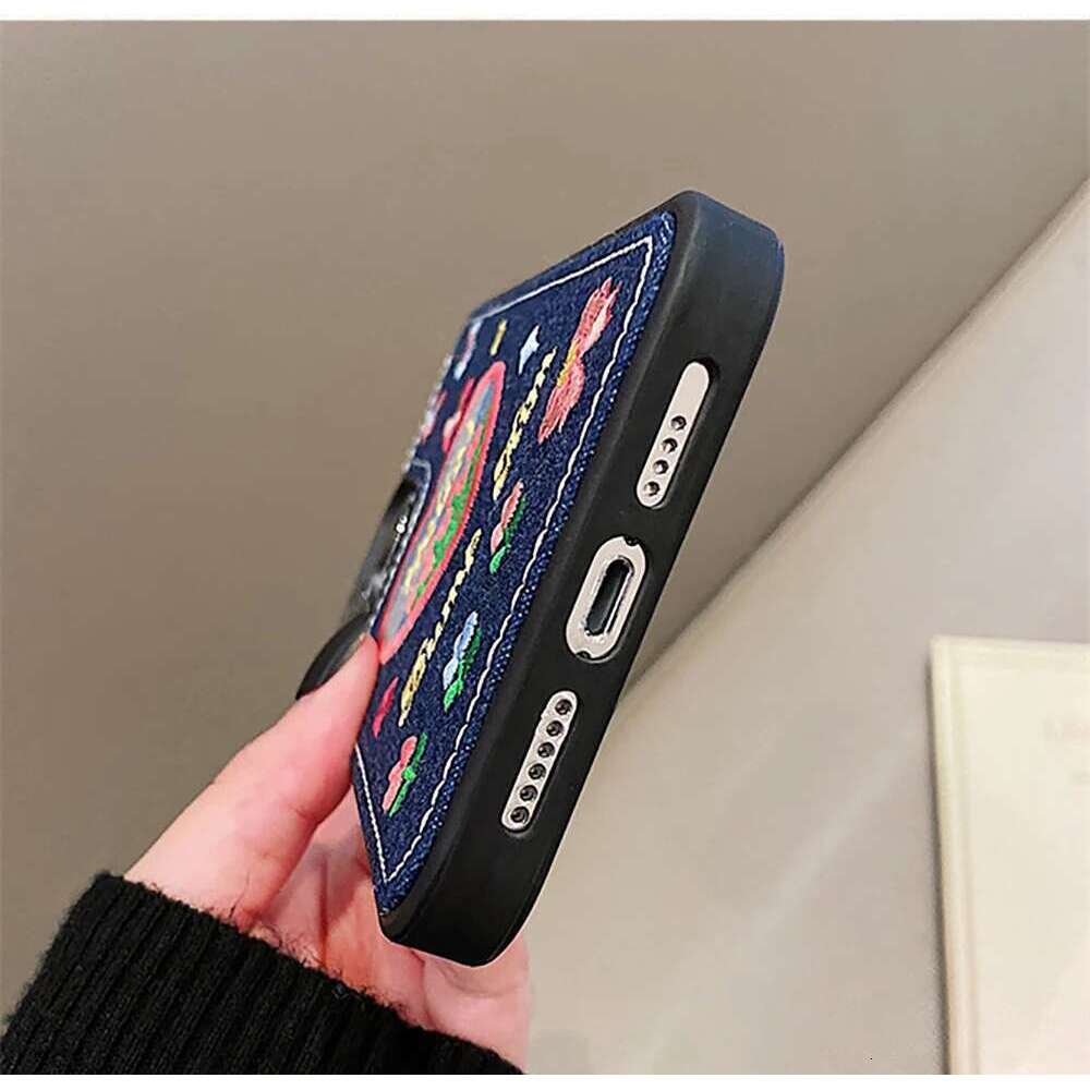 Cute Denim Fabric Embroidery Flower Winter Warm Phone Case For iPhone 15 14 13 12 11 16 Pro Max XS XR X Silicone Cover Protector