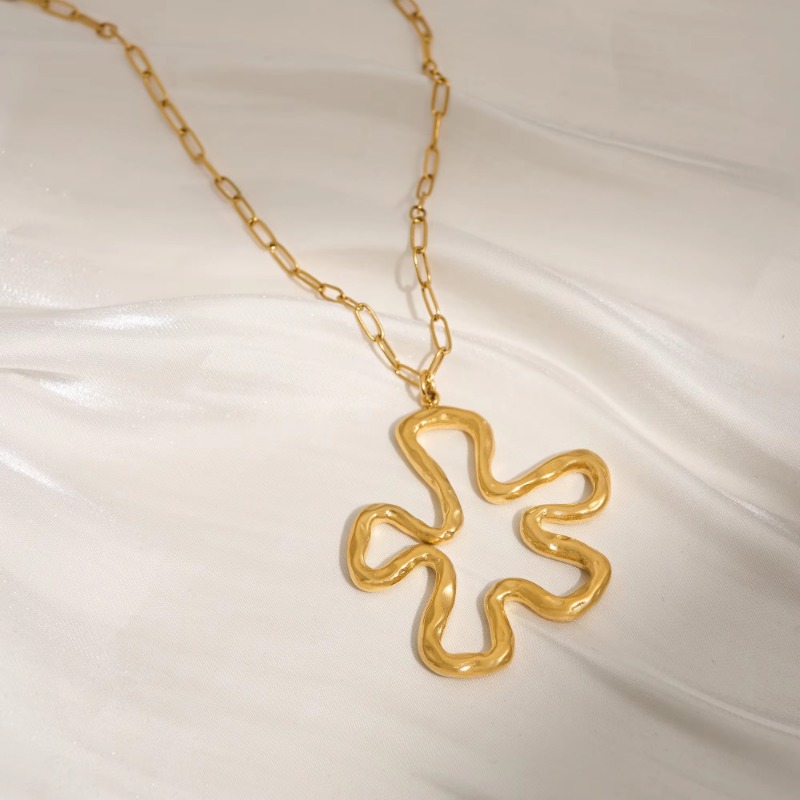 Jewellery High Quality 18K Gold Plated Stainless Steel Hollow Large Pendant Boho Line Flower Paper Clip Necklace Tarnish Free Textured Gift for All Oc