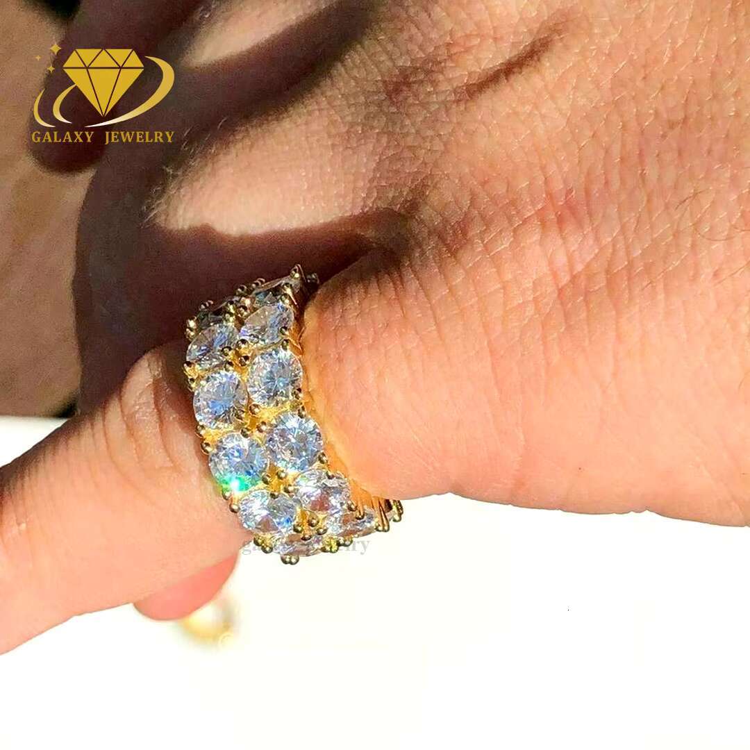 Men Jewelry Design Tennis Ring 14k Gold Plated Solid 925 Silver Moissanite Diamond Double Row Eternity Ring