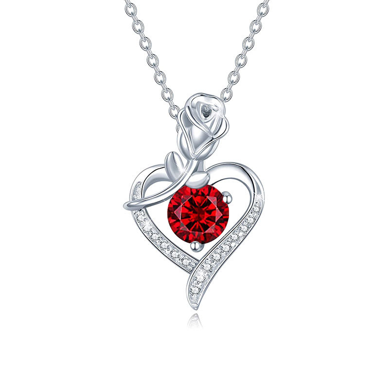 925 Sterling Silver Heart Shaped Rose Pendant Necklace for Women with Moissanite Diamond - High-End Look
