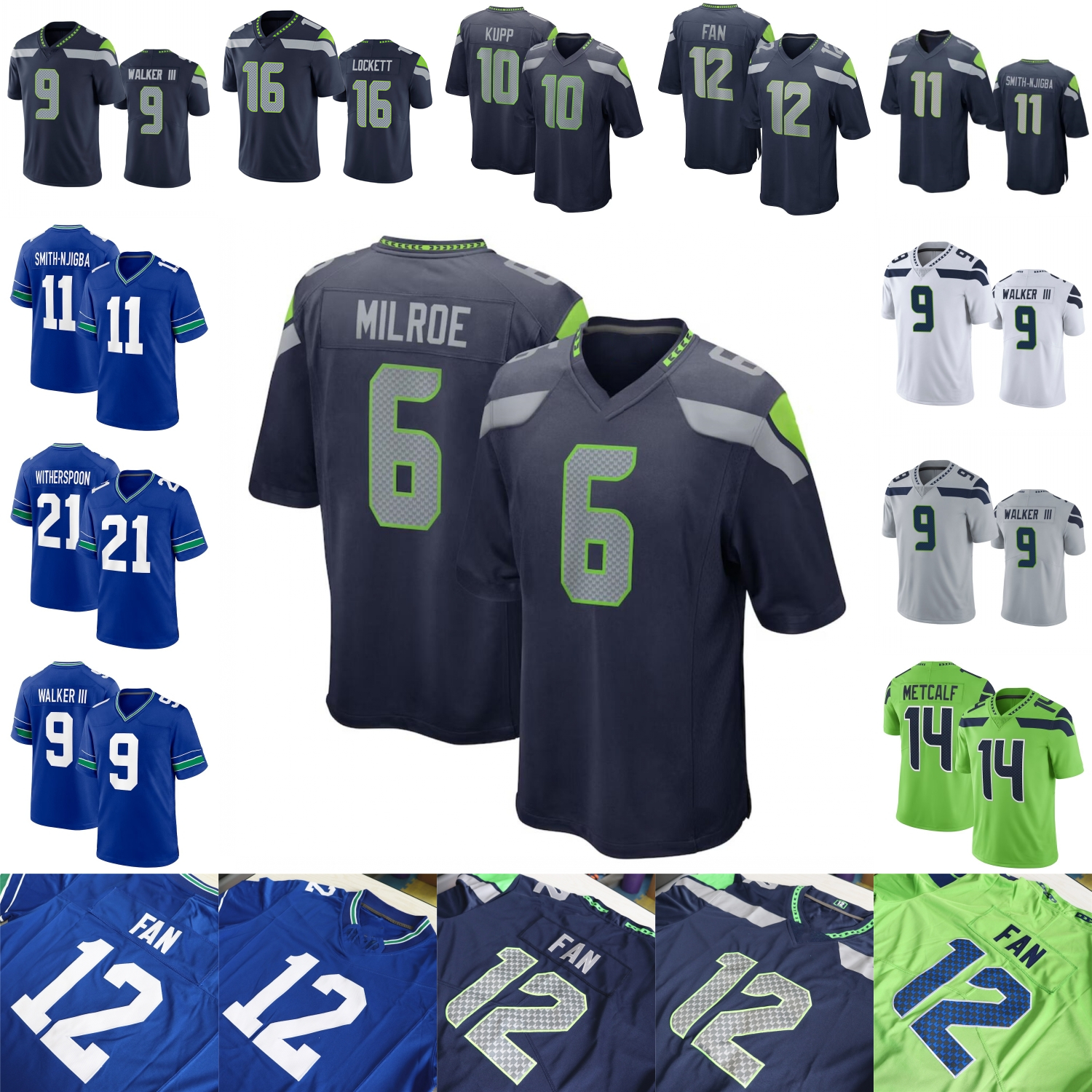 Custom Football Jersey Jalen Milroe Sam Darnold Jaxon Smith-Njigba Cooper Kupp FAN Kenneth Walker III Steve Largent Devon Witherspoon Fant Jones Charbonnet Arroyo
