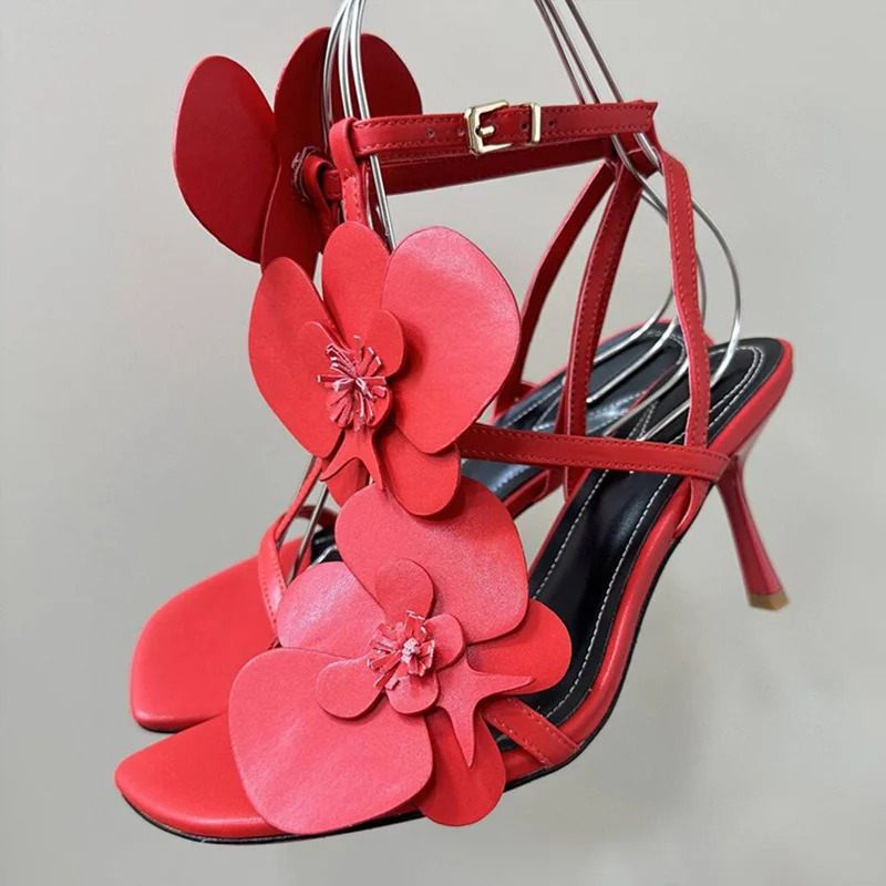 Summer leather flower decorated high heels sandals open thin with fashionable party dresses 250428