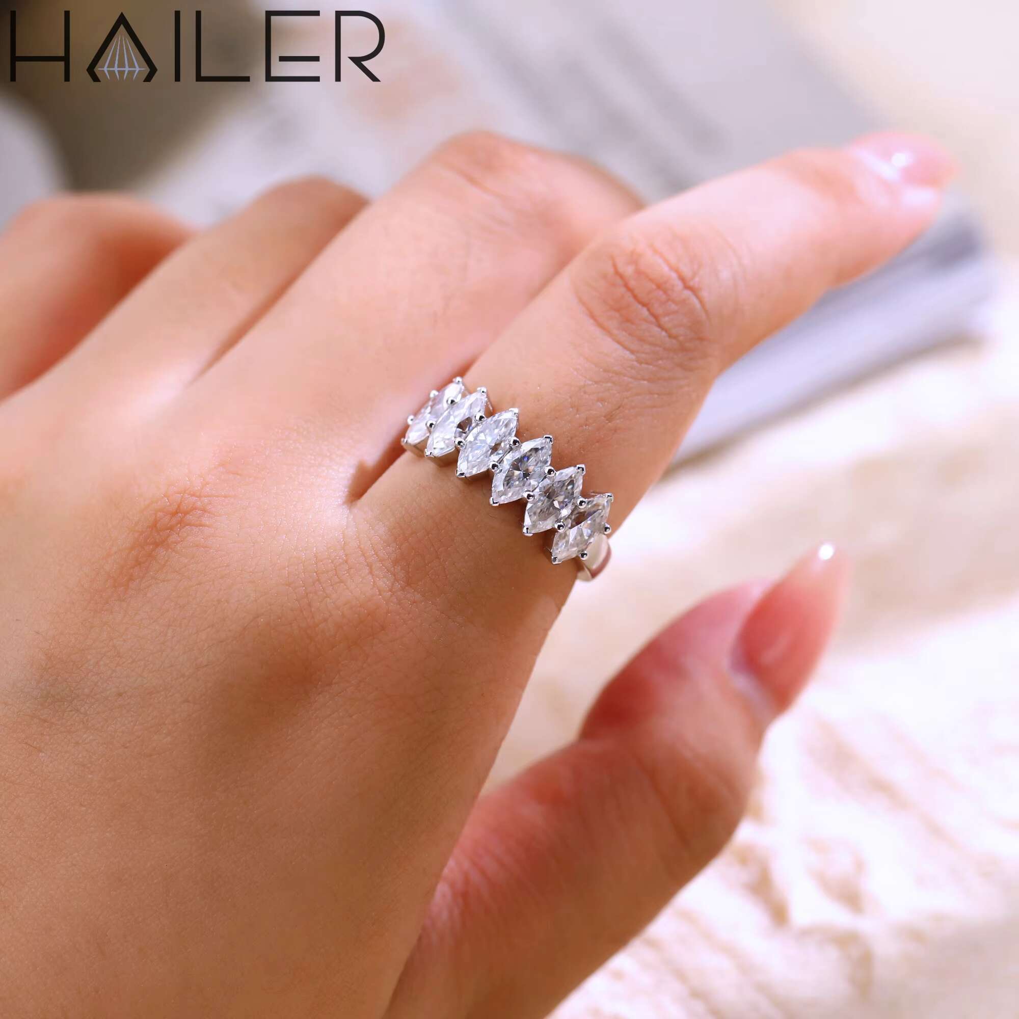 925 Silver Gold Plated Half Eternity Marquise Vvs Diamond Engagement Moissanite Rings for Women