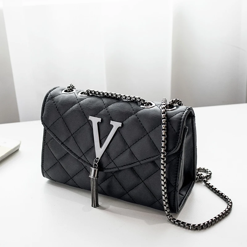 Black Luxury Handbags And Purse Women PU Leather Messenger Shoulder Bag Plaid Female Crossbody Bag Tassel Quilted Brand
