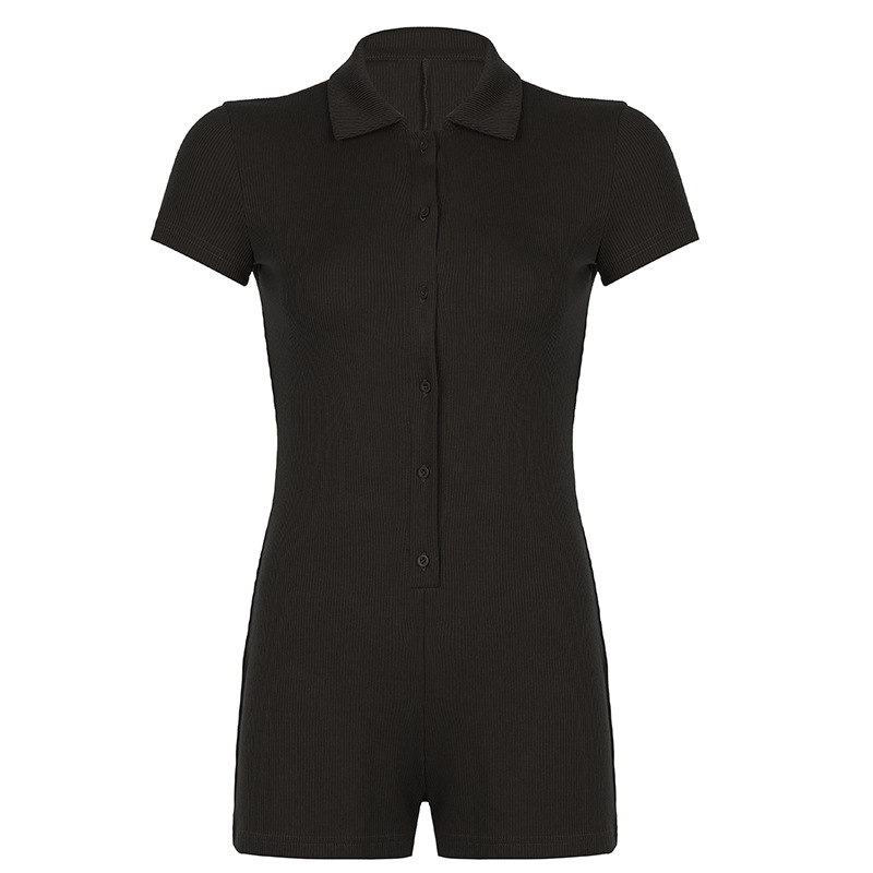 2025 summer solid color lapel breasted ribbed tight casual jumpsuit basic shorts