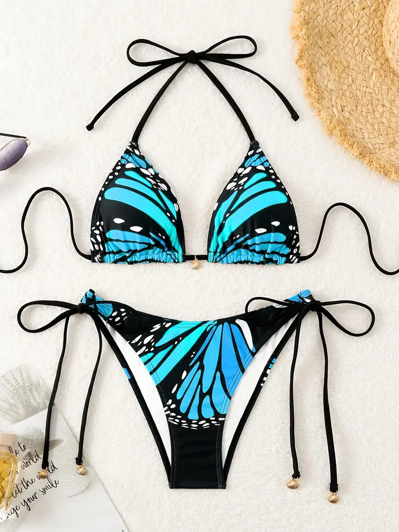 2025 Europe and the United States fashion sexy two-piece vacation butterfly print tie bikini three-point new swimsuit female