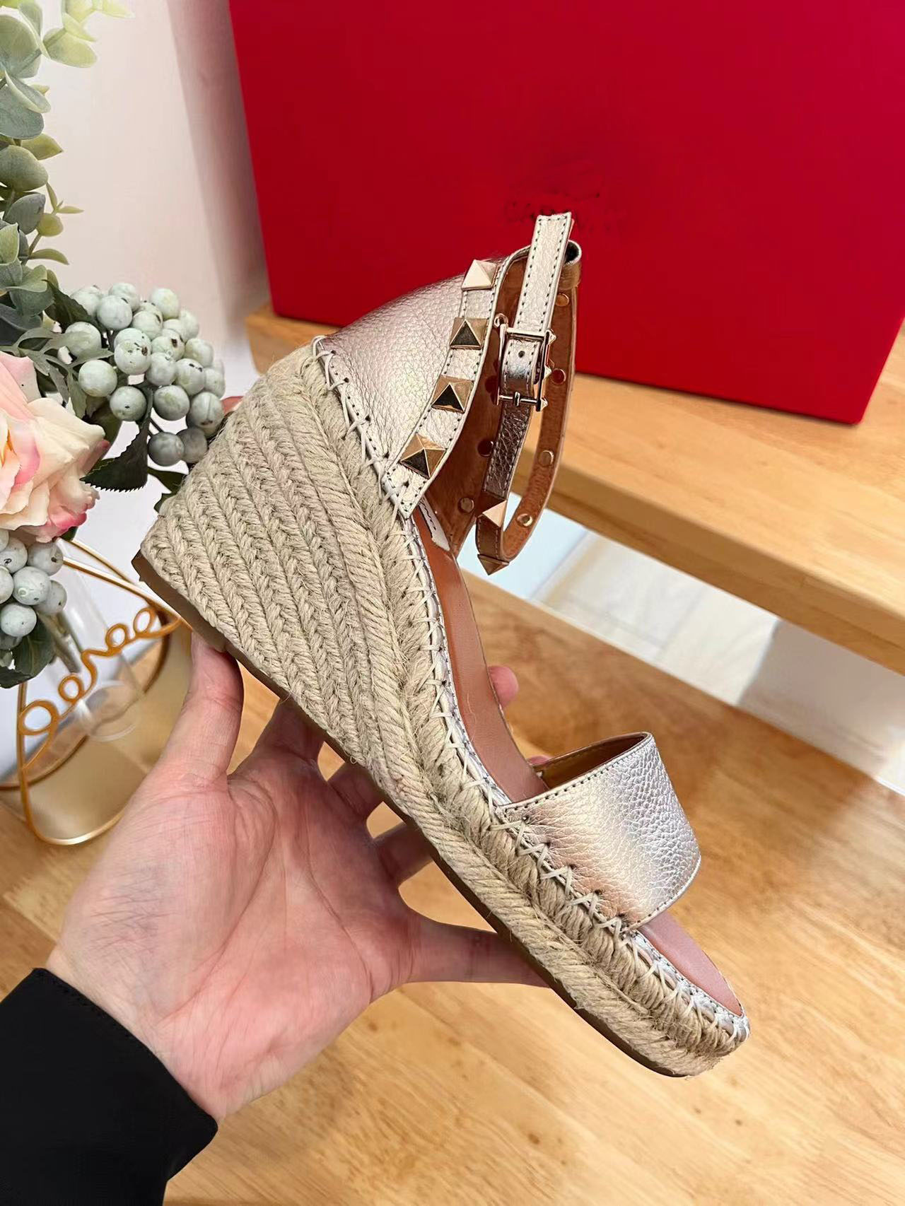 Summer Ladies Sexy Espadrilles Wedges Studs Sandals Wedges Sandals Women Plafrom High Heels Party Wedding EU 35-41